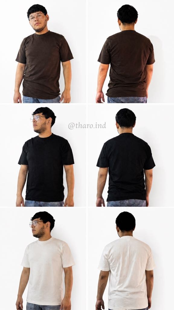 Remeras de hombre corte clásico en chocolate, negro y manteca, vistas de frente y espalda